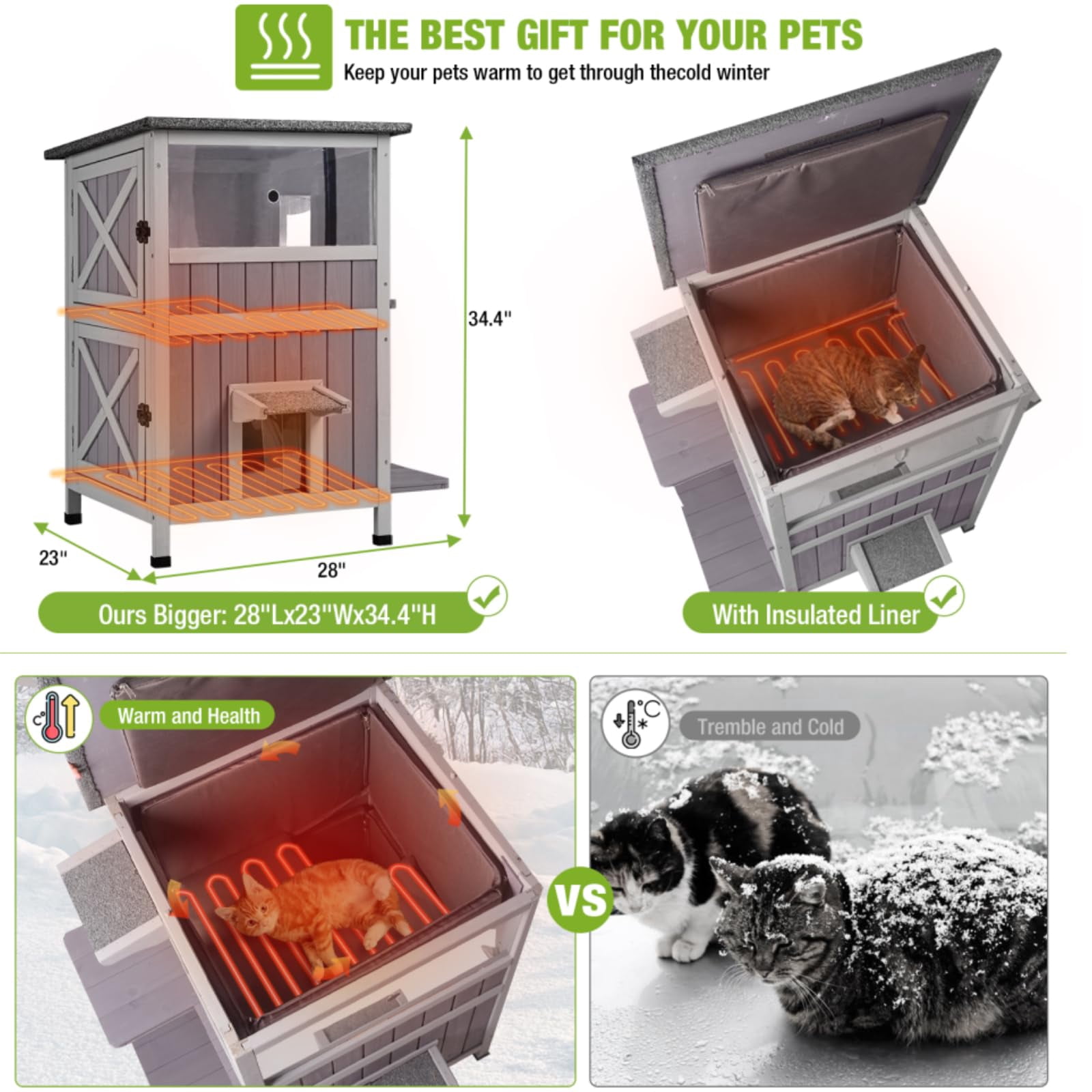 Aivituvin Heated Cat House with Heating Pad & Insulated Liner for Winter, Insulated Outdoor Cat House for Outdoor Indoor, Weatherproof Two Story Cat Shelter for Feral & Stray Cats