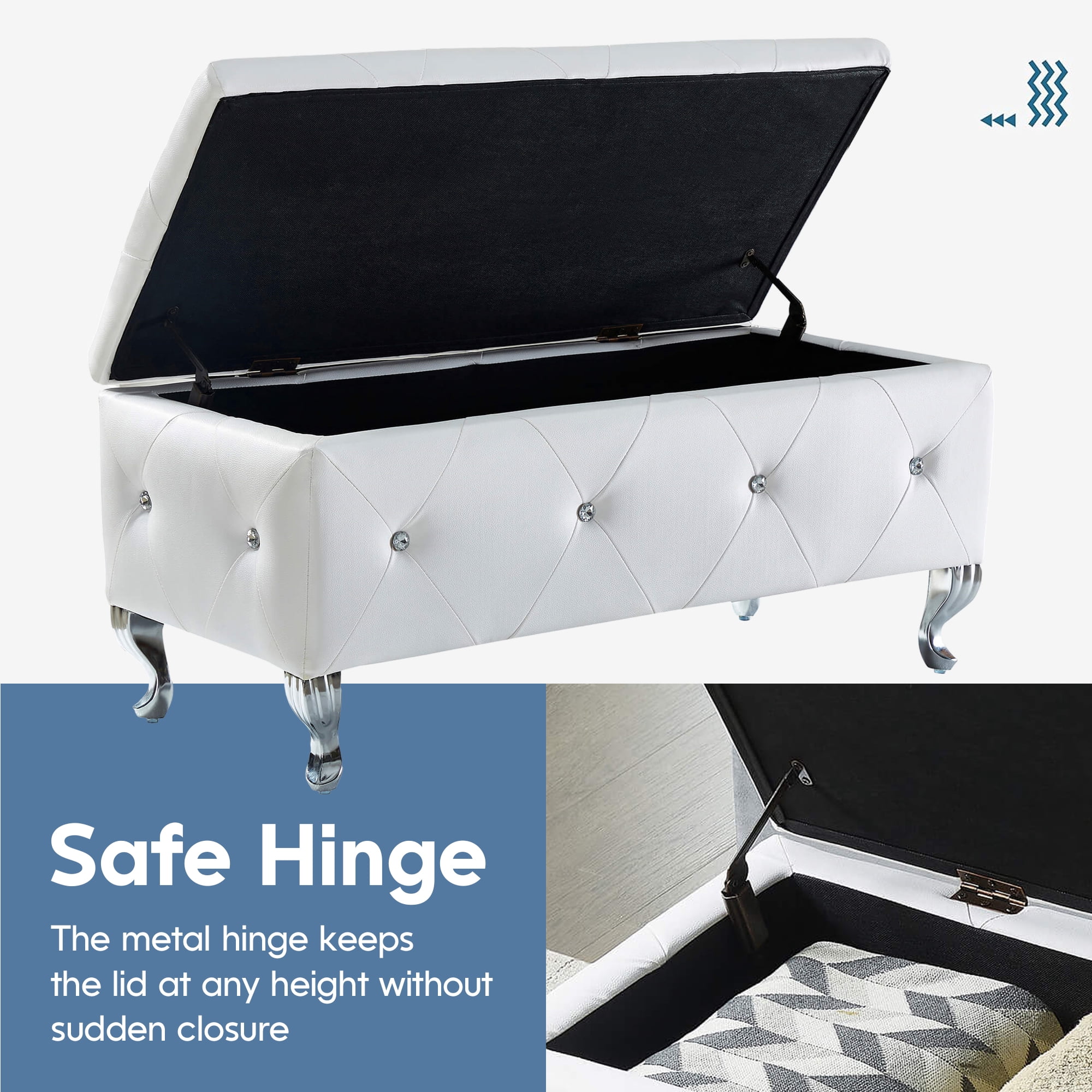 Aukfa Storage Ottoman Bench with Crystal Buttons for Bedroom,White