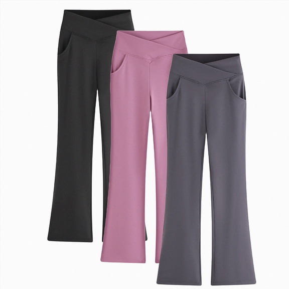 UAYOTSE Girls Cross Waist Flare Pants V Front High Rise Side Pockets Kids Back to School Stretch Trousers Fall,Sizes 7-8 Years