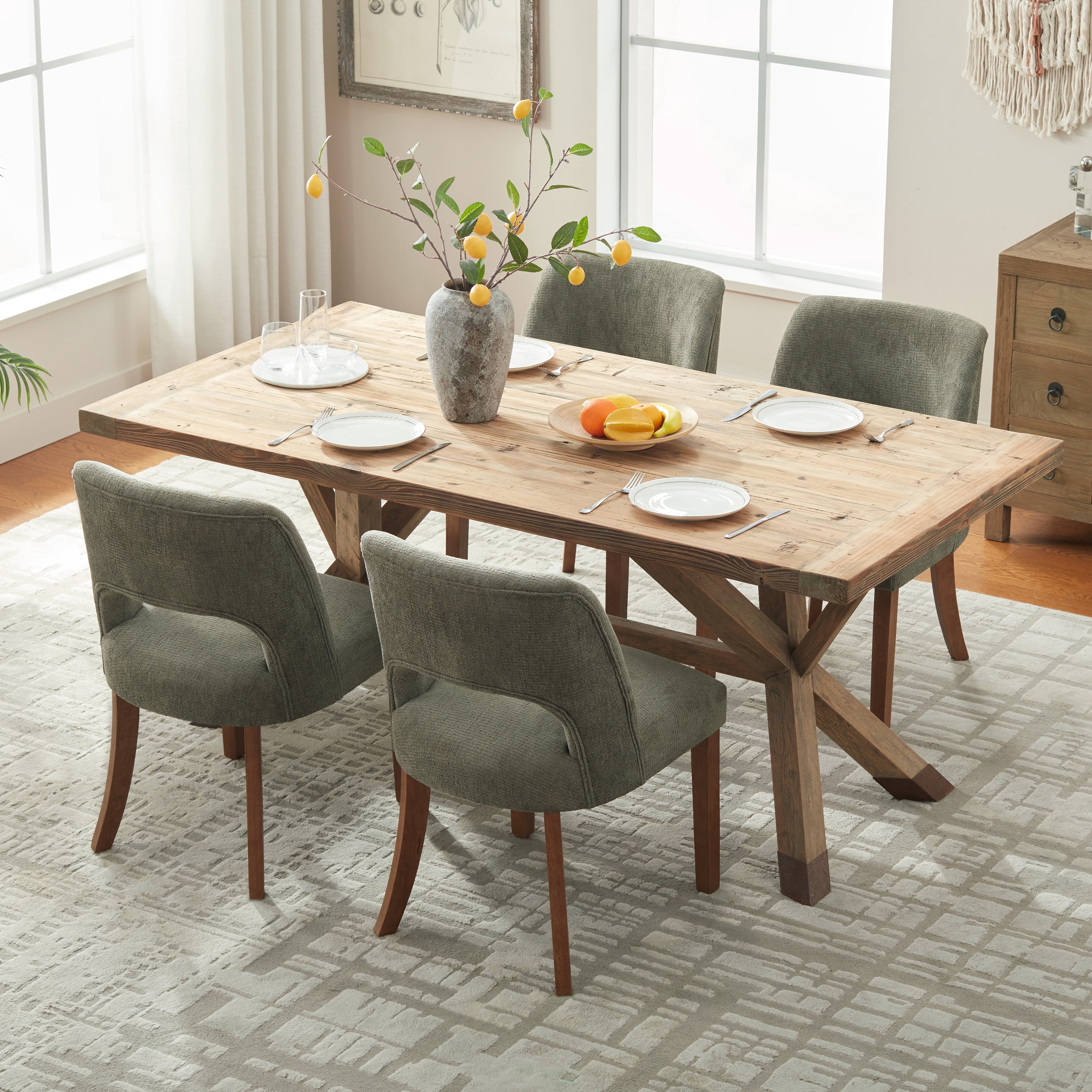 Vknow Furniture Set of 2 Chenille Dining Chairs, Mid-Century Modern Upholstered Kitchen Chairs with Cutout Back & Solid Wood Legs, Green