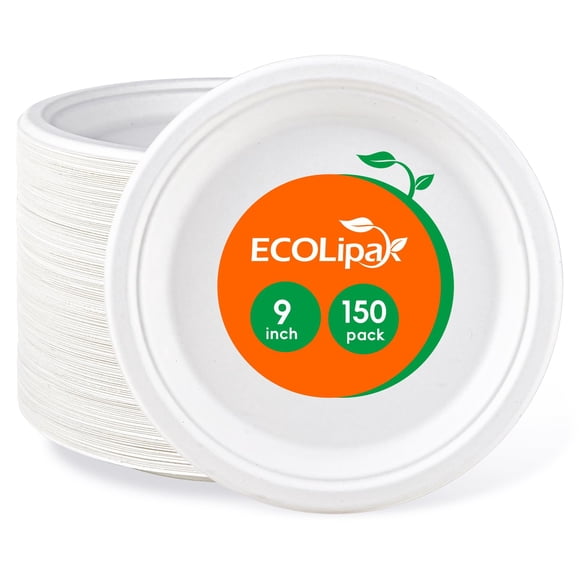 Platos de papel compostables EcoliPak de 9 pulgadas, paquete de 150