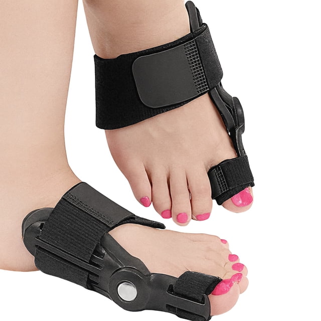 CORRECTOR DE JUANETES CON BISAGRA AJUSTABLE (PAR) NEGRO CON BOTÓN PLATEADO | FÉRULA ORTOPÉDICA PARA HALLUX VALGUS | USO DIARIO Y NOCTURNO