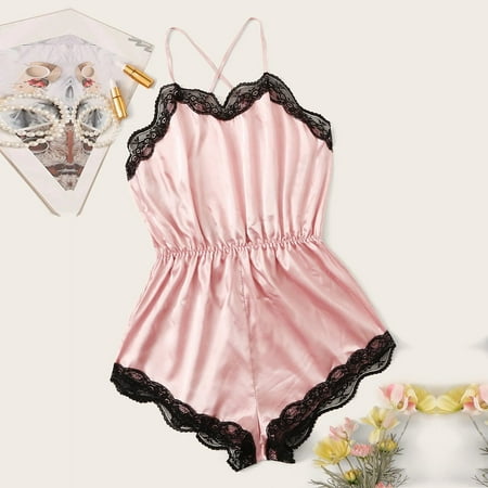 

Women Lace Stain Lingerie Bodysuit Backless Pajamas Silk Jumpsuit Sleepwear Note Please Buy One Or Two Sizes Larger