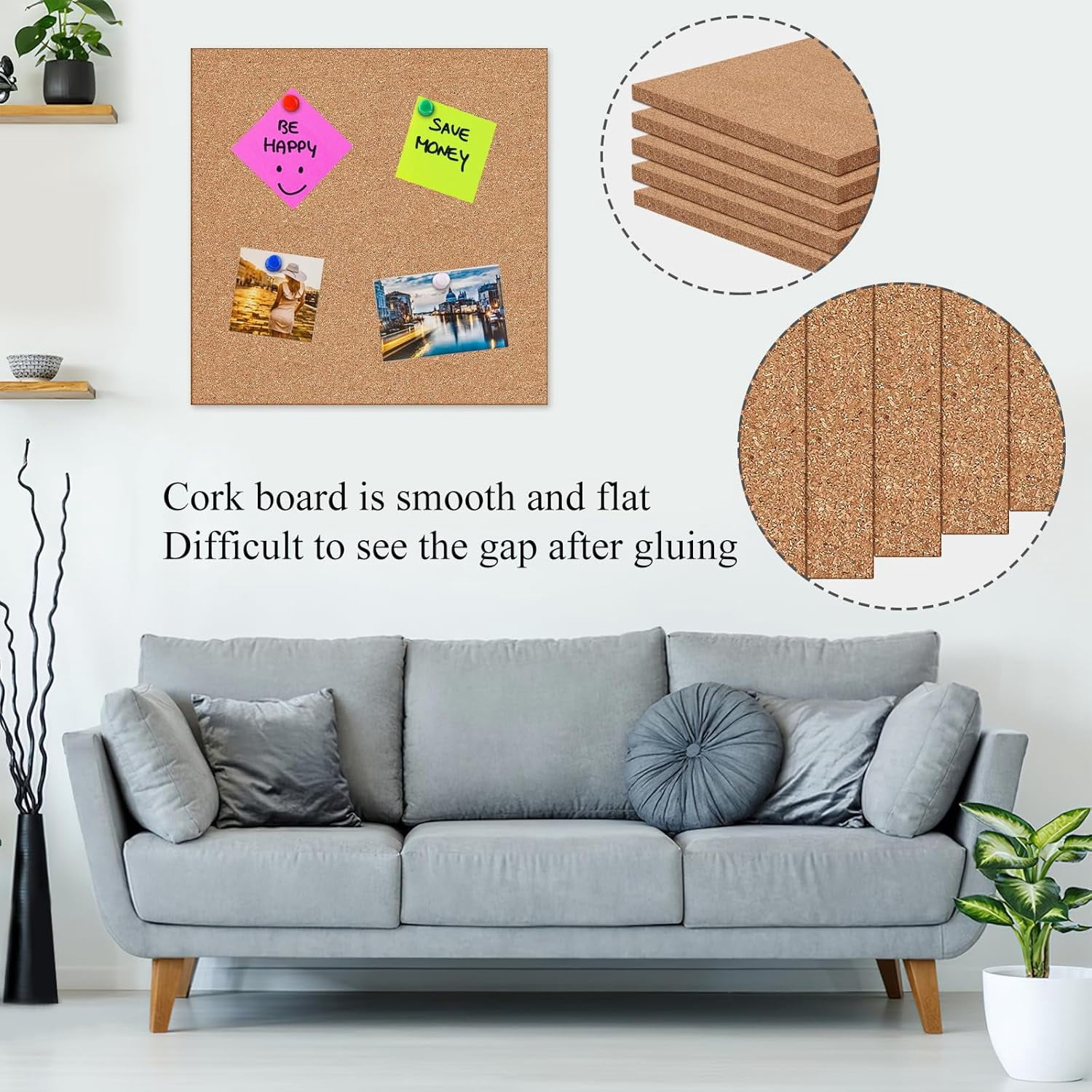 Cork Board 6 Pack 12 x 12 Self-Adhesive Corkboards for Wall Square Bulletin Board with 100 Push Pins Frameless Cork Tiles for Walls Home Office
