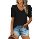 thumbnail image 1 of Camisa informal para mujer, cuello en V, manga abombada, tela elástica, cómoda, Color sólido, Top elegante para verano, oficina en casa, 1 of 6