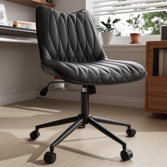 Genpo Desk Chair, Armless Desk Chair with Wheels, Black PU Leather Small Computer Desk Chairs for Small Place Home Bedroom Vanity Makeup