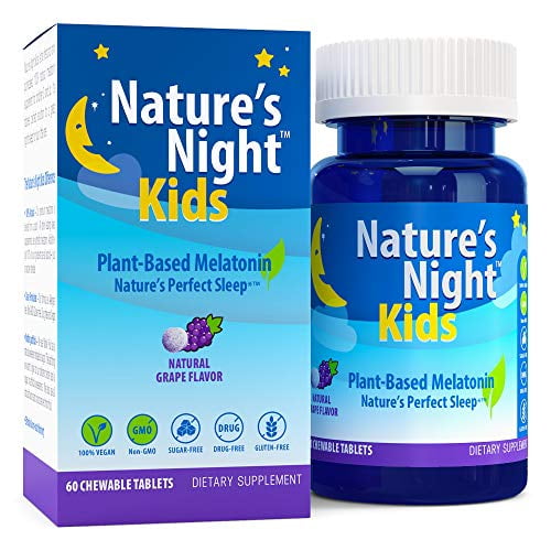 Nature's Night Kids Plant-Based Melatonin, Natural Grape Flavored, 60 Chewable Tablets, Gluten Free, Non-GMO, Drug Free, Vegan, 100% Natural