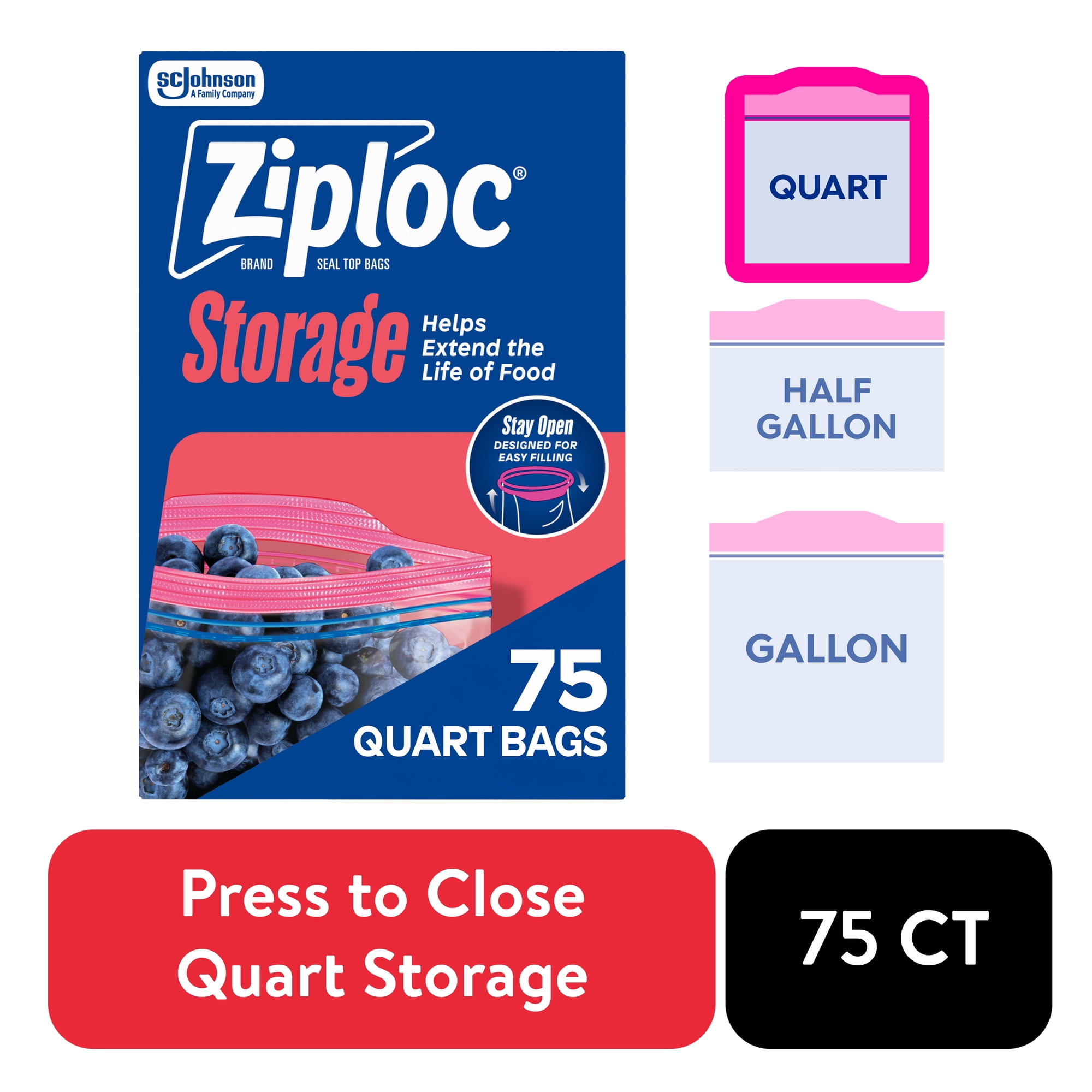 Ziploc Brand Food Storage Bags, School Supplies, with Grip 'n Seal Technology, Zipper, Quart, 75 Count