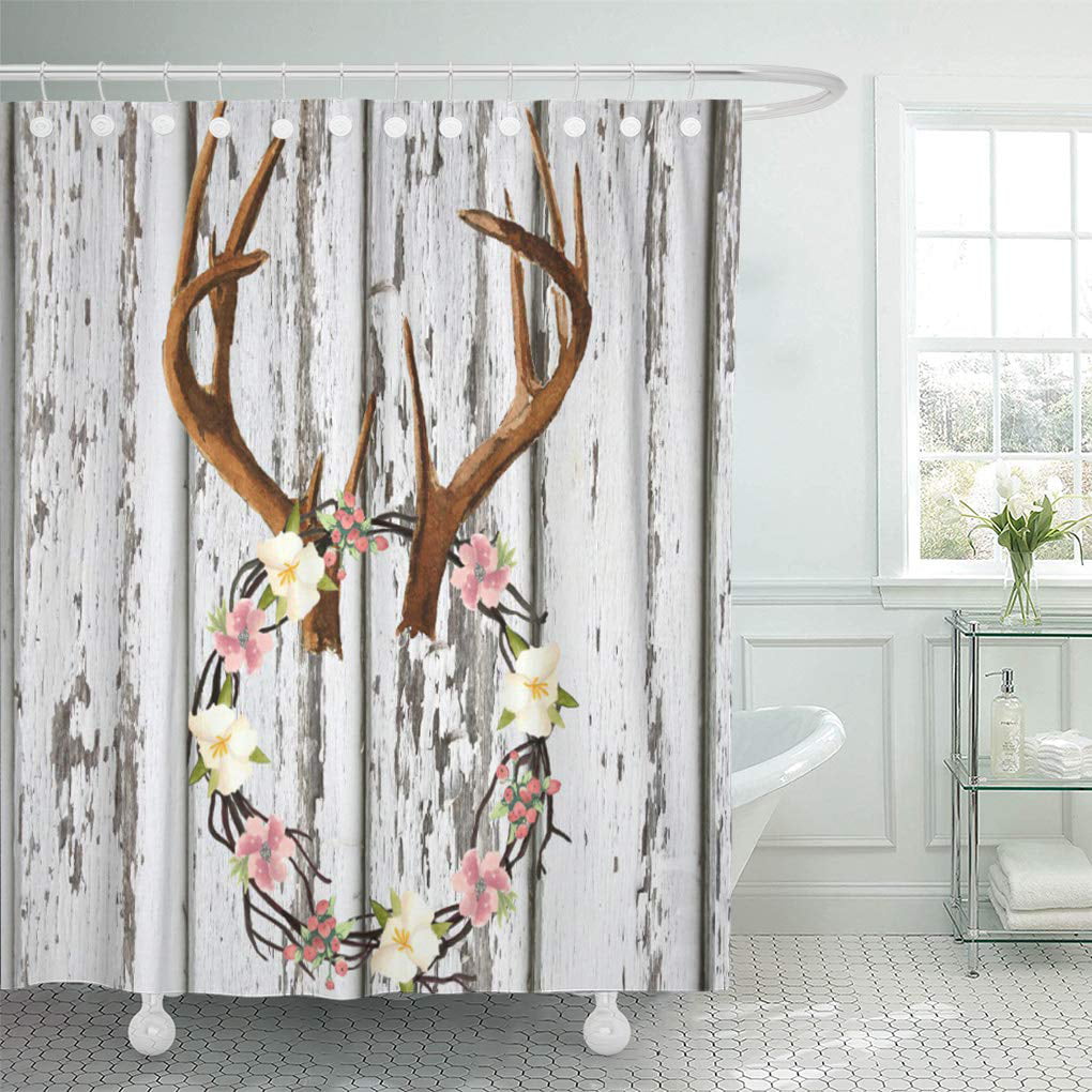 72x72'' Bathroom Waterproof Shower Curtain Antlers On A Rustic Wooden Wall 