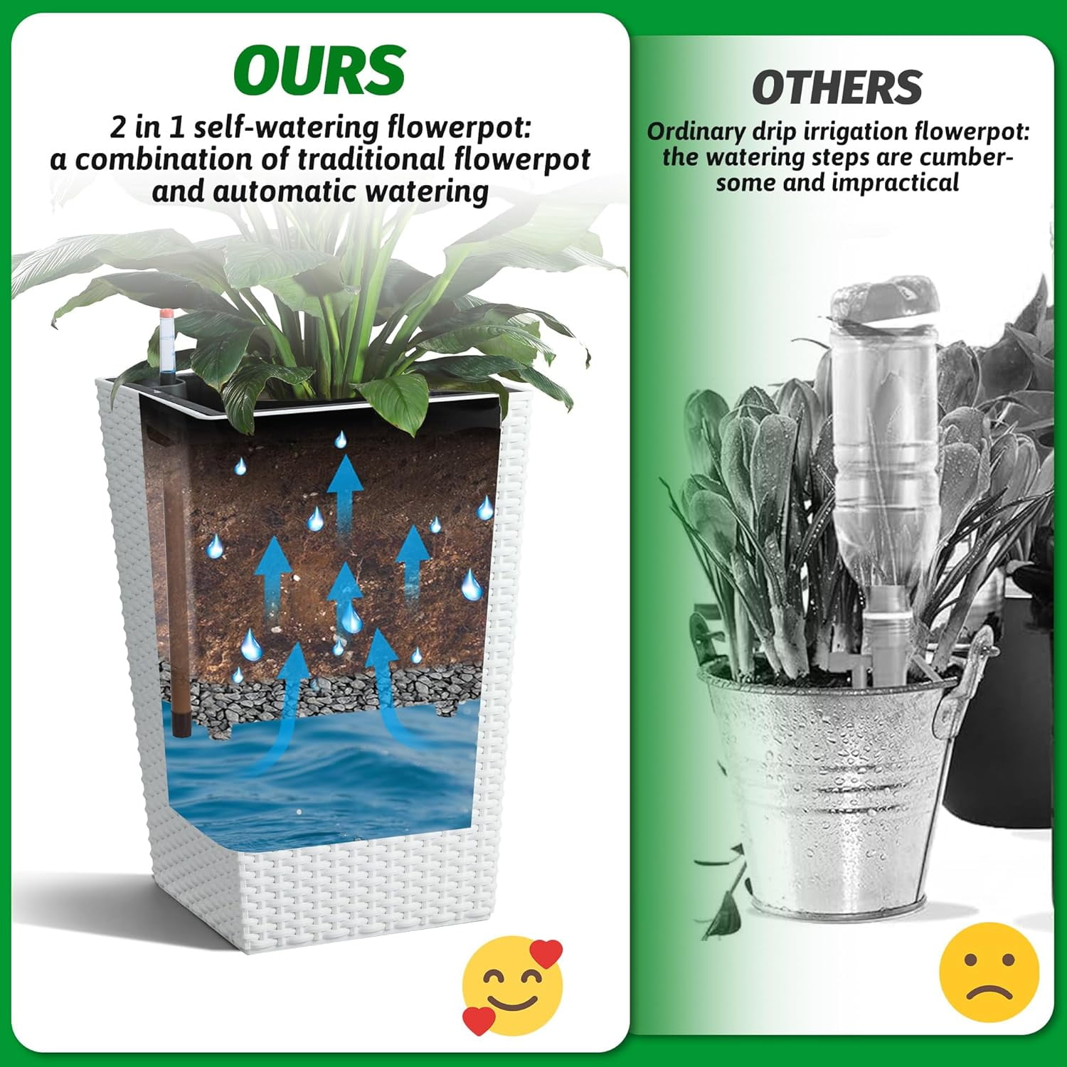 Garvee 15.6" Tall Planter Pots Set of 2, Rattan style, Tray & Water Level Monitor, White