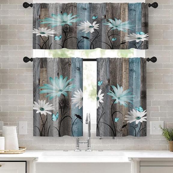 Window Valance for Windows, 52x39 Inch, Daisies 3 Pack, | Floral Farmhouse Vintage Teal Rod Pocket Cafe Curtain Drapes for Living Room Bedroom Bathroom Kitchen Over Sink Decor