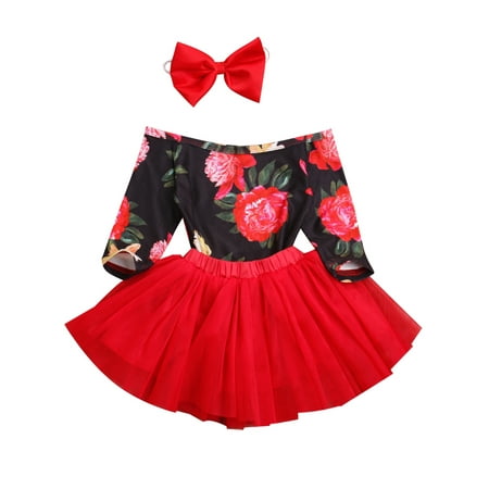 

Gwiyeopda Baby Girls Off Shoulder Long Sleeve Floral Romper Mesh TuTus Skirt with Bow Hair Band Set