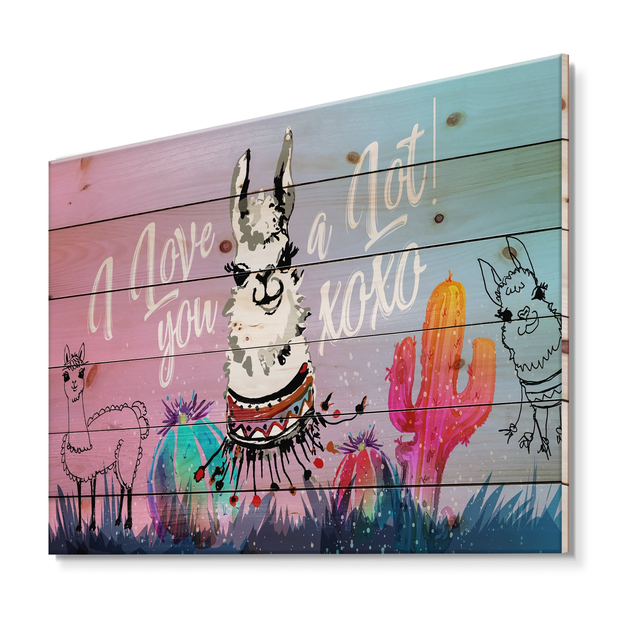 Designart 'I Love You A Lot Llama Alpaca Cartoon Portrait' Children's Art Print on Natural Pine Wood