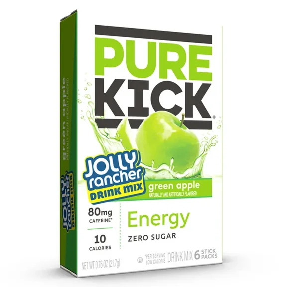 Pure Kick Energy Caffeine & Electrolyte Powder Drink Mix Jolly Rancher Green Apple Pack, 6 Count Packets