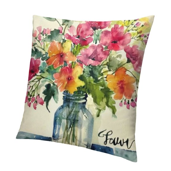 Pink Flower Decorative Throw Pillow Covers , Sweet Home Floral Mason Jar Spring Summer Cushion Case Decor, Bloom with Grace Home Decoration for Sofa Couch
