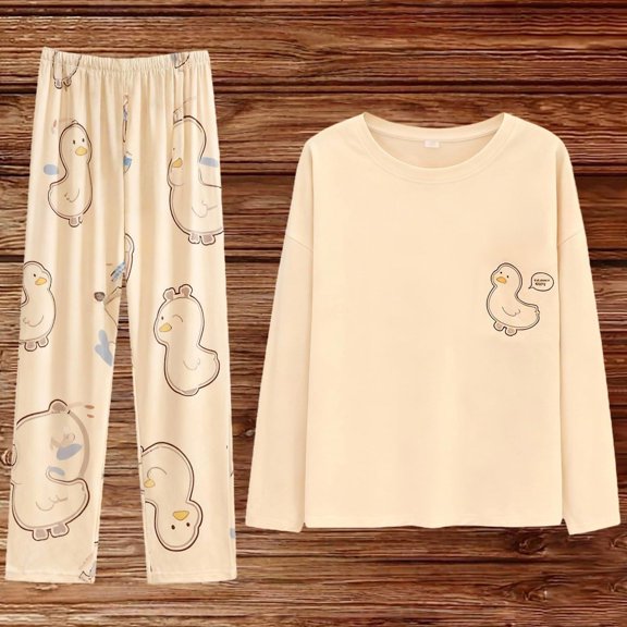Ayolanni Pajamas Set for Women Cute Long Sleeve Solid Print Tops and Long Pants 2 Piece Comfy Sleepwear Lounge Sets L