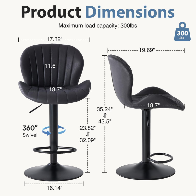 Kelno Swivel Bar Stools Set of 2 Adjustable Height Linen Seat with Backrest 360° Swivel for Kitchen Island, Black