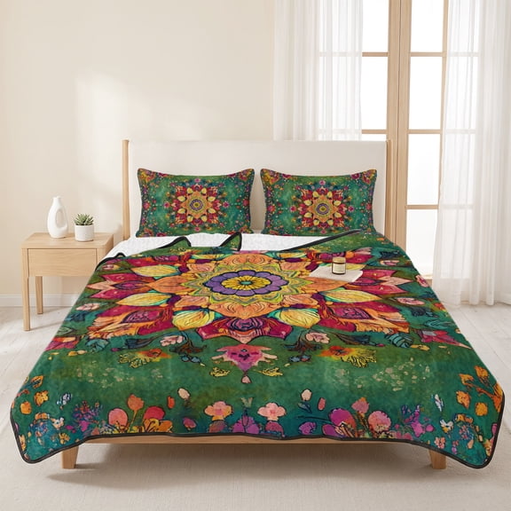 3 Pieces Queen Quilt Set,Boho Colorful Flower Soft Bedding Sets with 1 Quilt & 2 Pillow Shams,Farmhouse Blossom Floral on Green Summer Bedspread Lightweight Coverlet Comforter for All Season