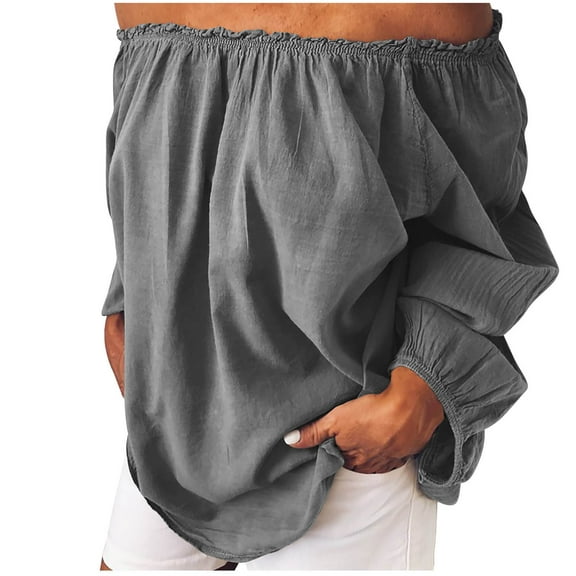 UAMVSH Off Shoulder Tops for Women Lightweight Plus Size Cotton Linen Blouses Baggy Long Sleeve Solid Color Casual Beach Vacation Shirts(Small,Gray)