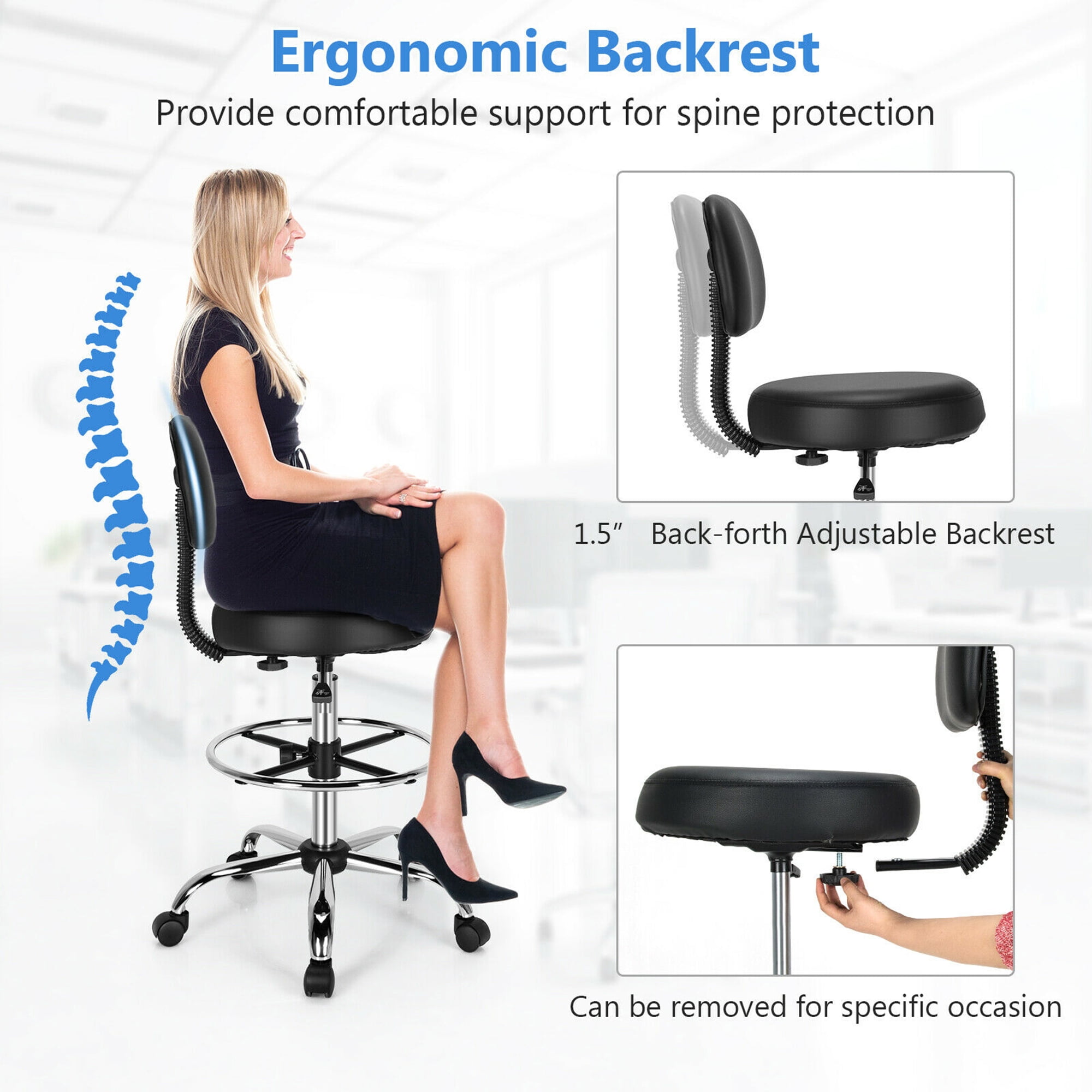 Gymax Ergonomic Drafting Chair, Adjustable Footrest, Backrest and