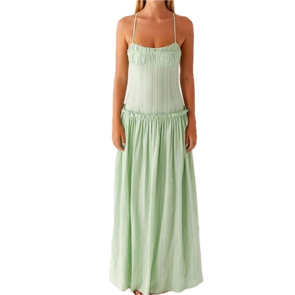 Women's Frill Spaghetti Strap Maxi Dress with Smocked Frill Stretch and 100% Polyester Fabric for Flowy Silhouette
