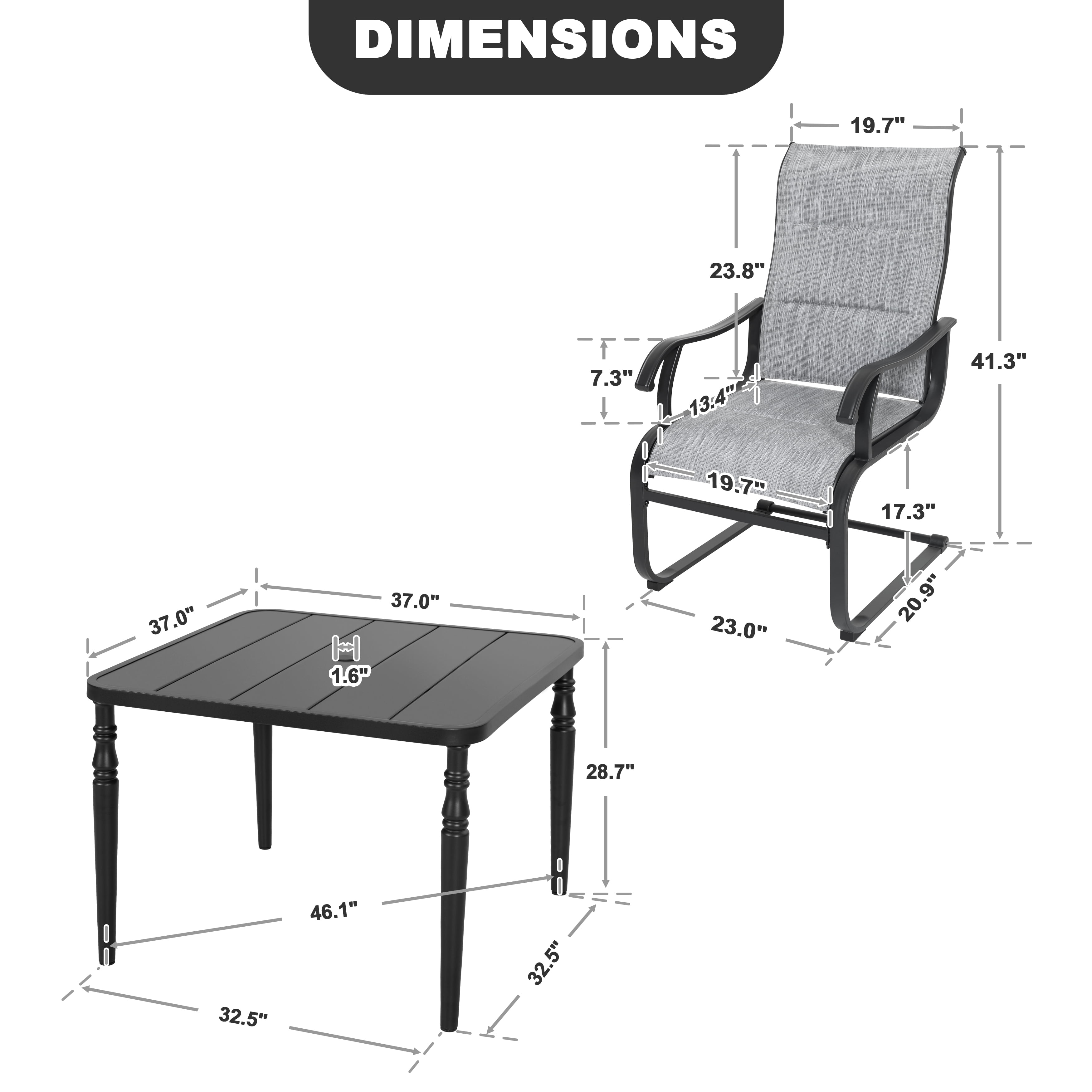 Nuu Garden 5-Piece Outdoor Dining Table Set, 37" Square Metal Table with Umbrella Hole and 4PCS C-Spring Motion Padded Textilene Metal Chairs. All-Weather Patio Outdoor Furniture, Light Grey&Black
