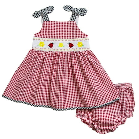 Seersucker Sundress - Good Lad Newborn/Infant Girls Red Gingham Seersucker Smocked Sundress with Ladybug embroideries