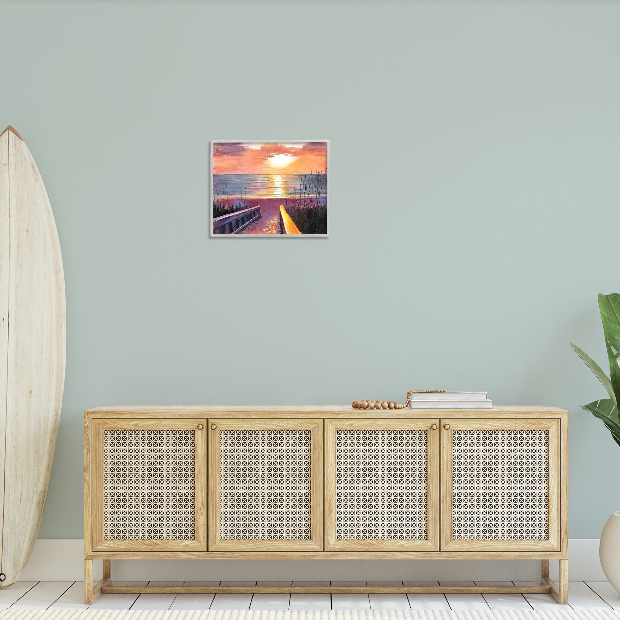 Stupell Industries Sunlit Beach Pathway Landscape Painting Gray Framed Art Print Wall Art, 20 x 16
