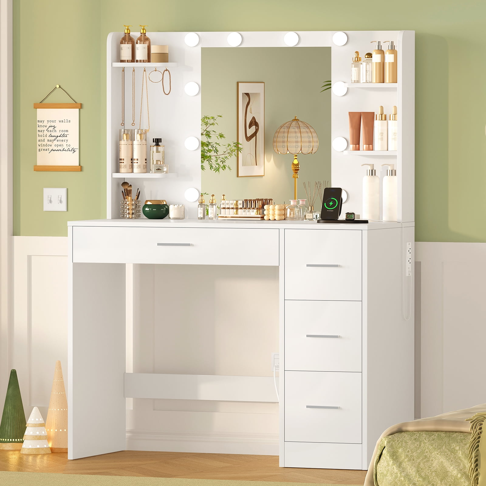 Makeup Vanity Set with Mirror & Lights, Vanity Desk with 4 Drawers, Vanity Table with Power Outlet, 3 Color Modes & Adjustable Brightness