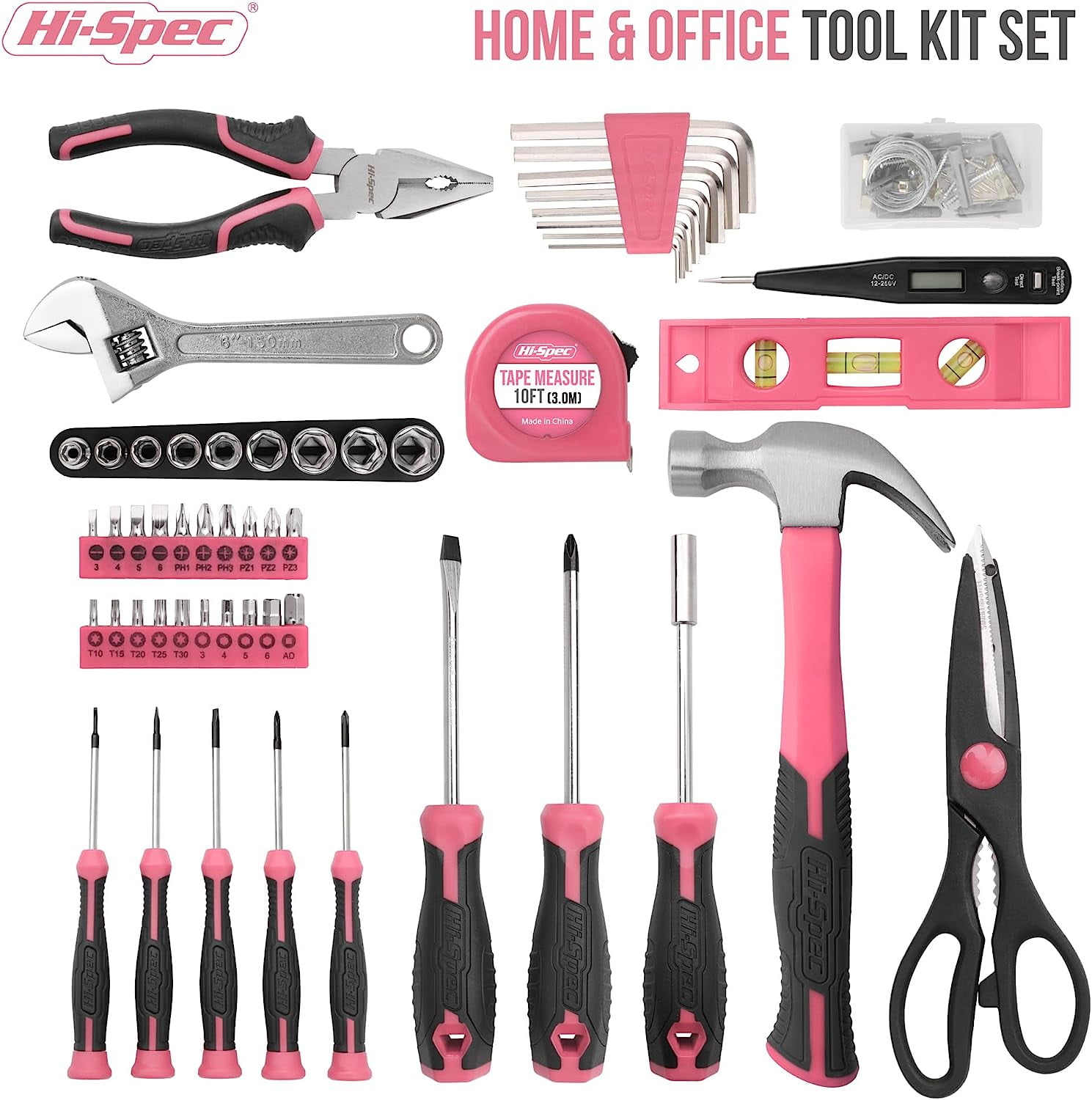 Hi-Spec 54-Piece Pink Tool Kit with Screwdrivers, Wrenches, Hammer & Driver Bits for DIY & Household Repairs