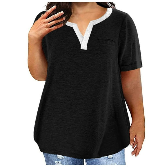 Womens Blouses and Tops Dressy Women's Large Size T-Shirt Casual Solid Color V-Neck Short Sleeve Pocket Top