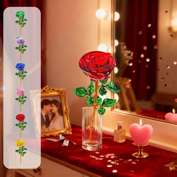 Adorno De Rosa De Cristal 1Pcs Crystal Rose Ornament Glass in Blue for Valentine's Day Wedding Birthday Gift Keepsake 9.45x2.76" JASKFLY