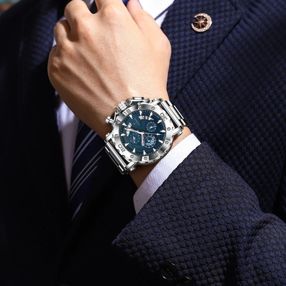 Poedagar Chronograph Watch For Men Luminous Waterproof Alloy Case Stainless Steel Men's Quartz Watch