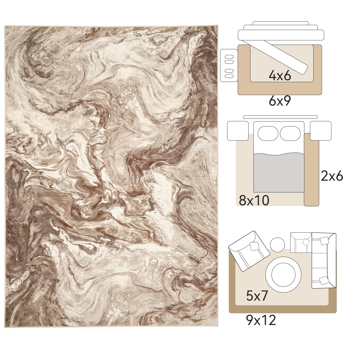 SIXHOME 8'x10' Area Rugs for Living Room Marble Swirl Abstract Rug Ultra Soft Washable Rugs for Bedroom Anti Slip Durable Carpet Home Decor for Dining Room Brown