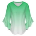 thumbnail image 5 of Sage Green And White Gradient Women's V-Neck Blouse With 3/4 Ruffled Bell Sleeves Casual Top Ladies Blouses, 5 of 7