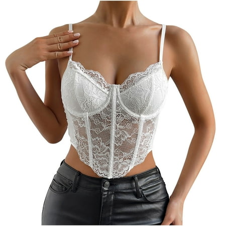 JGGSPWM Womens Summer Lace Bustier Mesh Sexy Vintage Spaghetti Strap Open Back Boned Corset Going Out Party Crop Top White S