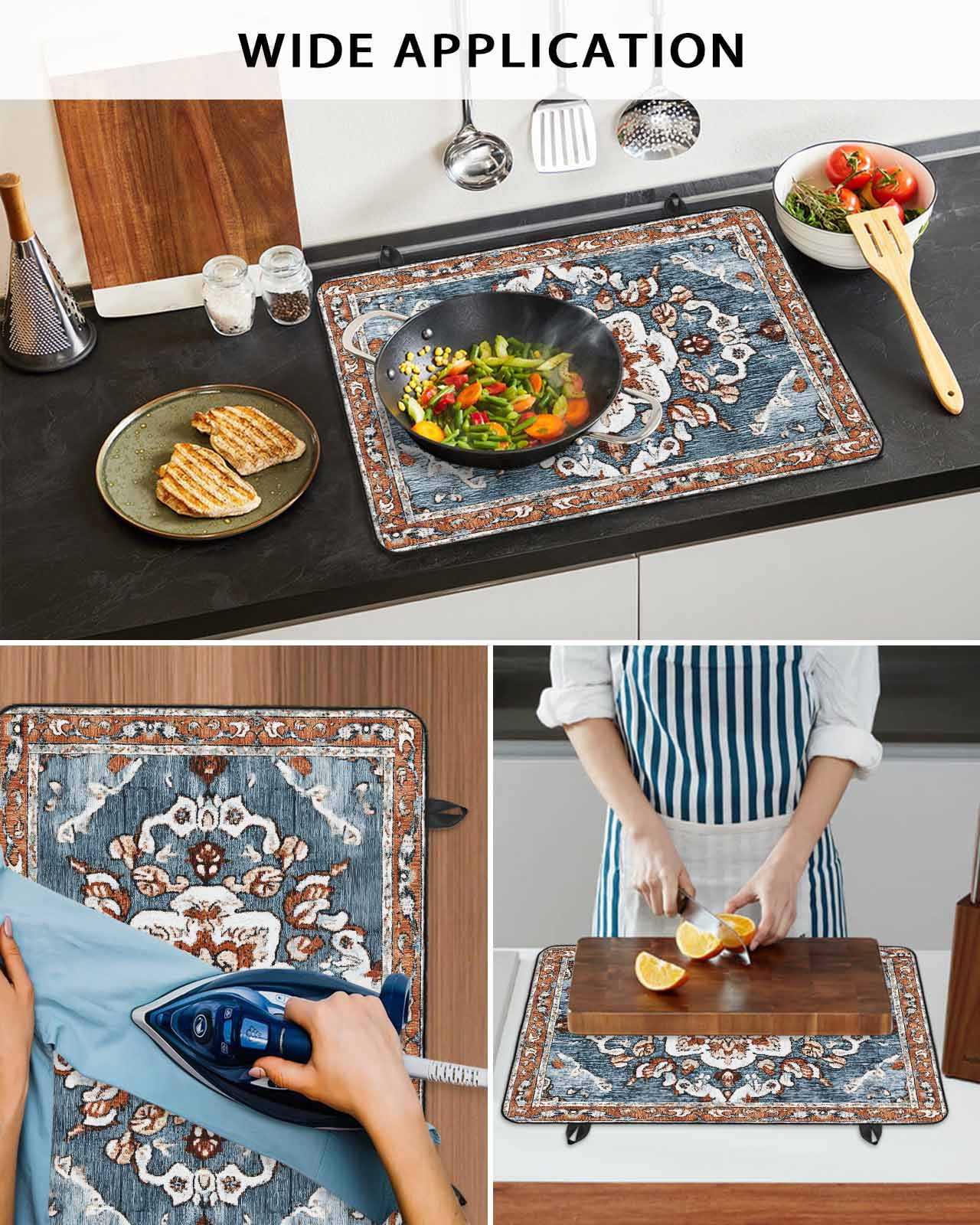 nqOlkjepod Large Induction Cooktop Protector Mat 36"x21", Blue Bohemian Stove Top Covers for Electric Stove, Retro Pattern Oriental Farmhouse Ethnic Stove Burner Cover Mats, Glass Top Stove Cover