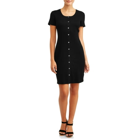 No Boundaries Juniors' Short Sleeve Scoop Neck Snap Front Dress