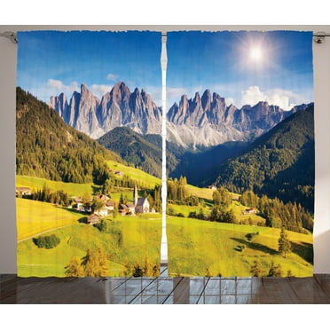 Ambesonne Nature Curtains 2 Panel Set, Morning at Countryside, 108" x 90", Grey and Green