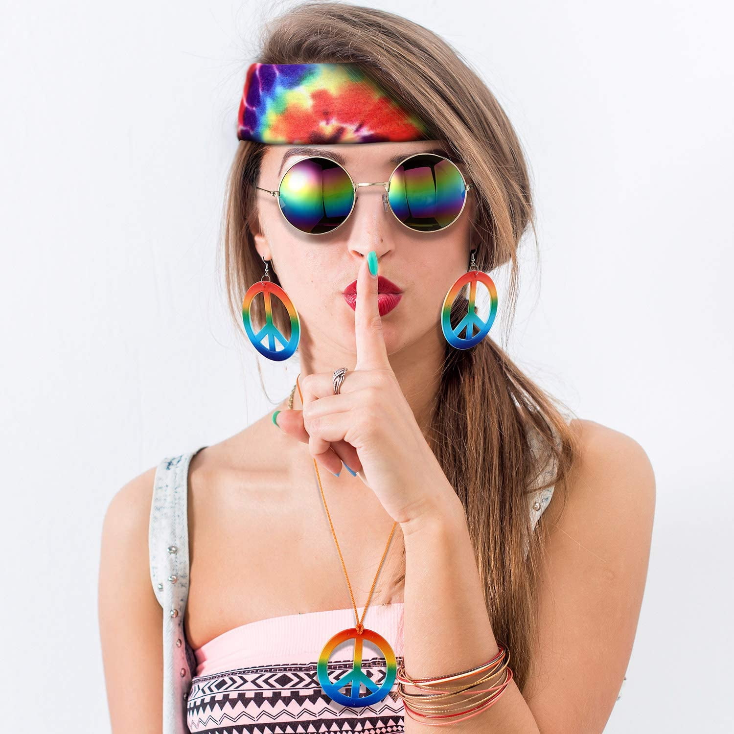 4 Pieces Accessories Hippie Costume Set Sunglasses Earrings and Headband for Women and Men Including Peace Sign Necklace 