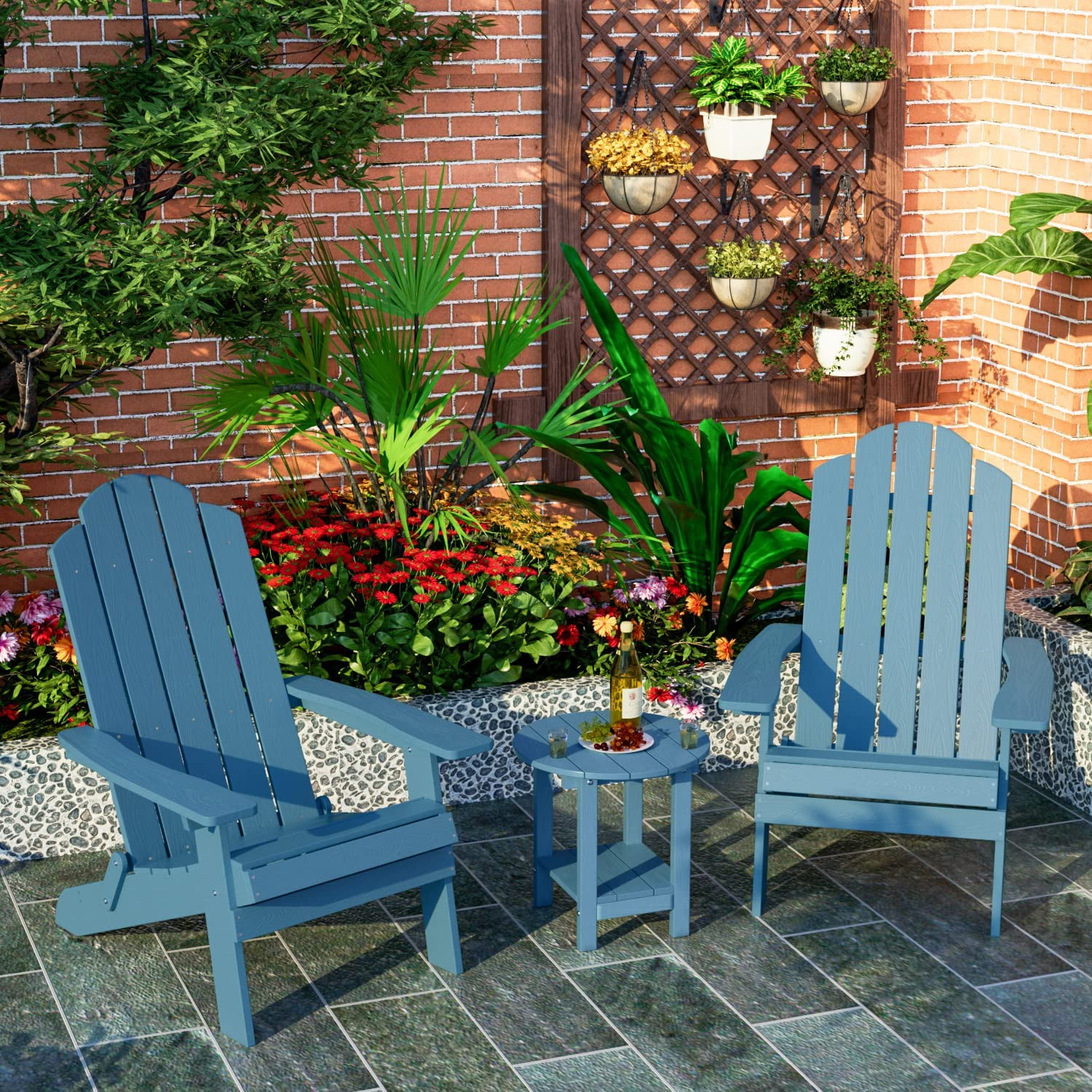 WINSOON Folding Adirondack Chair and Table Set 3 PCS Garden Patio Outdoor Chairs, Navy Blue