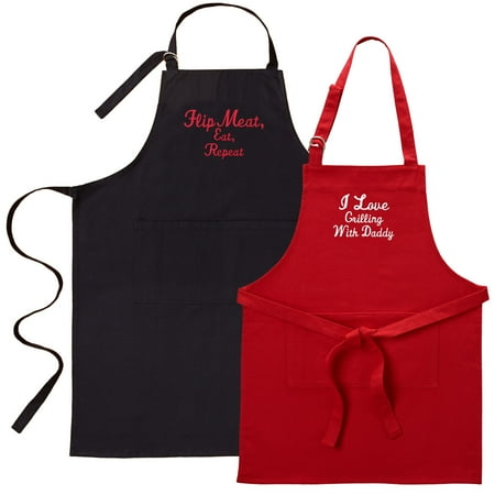 Grilling Apron Set Personalized Family Fun Embroidered Grill Apron Set - Black Adult/Red Youth Available in 2 Colors and 2 Fonts ()