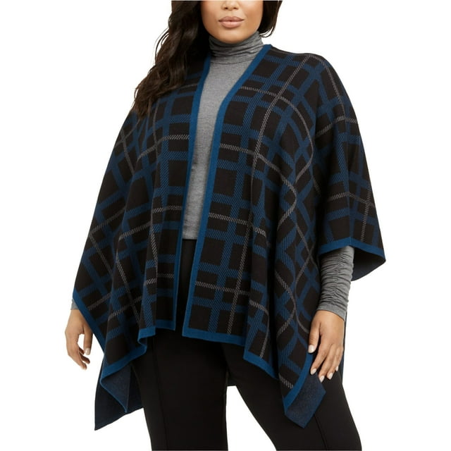 Anne Klein Womens Plaid Knit Cape Jacket, Black, Plus Size, 0X/1X