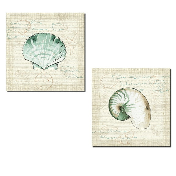 Beautiful Watercolor-Style Spa Shell Set; Coastal Decor by Pela Studio; Two 12x12in Prints. Teal/Tan