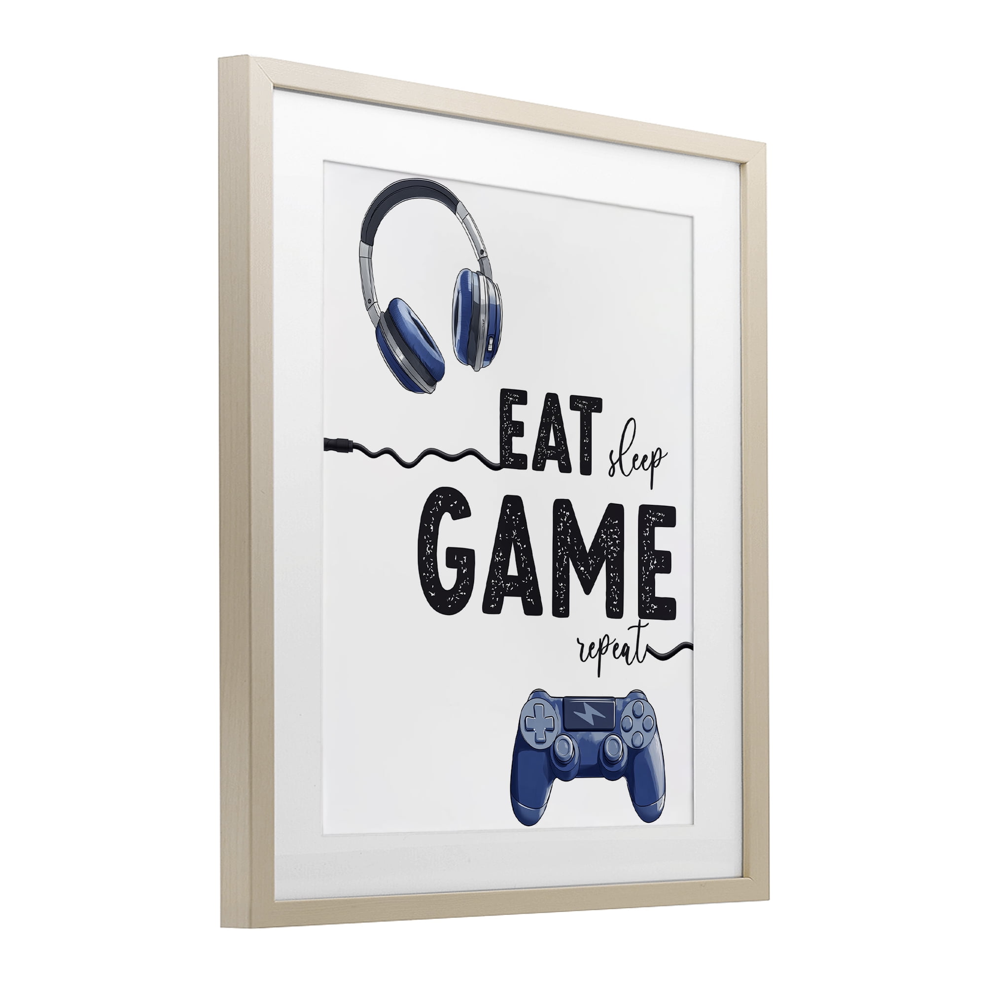 Eat Sleep Game Lifestyle Birch Framed Print Under Glass, design by Christine Simpson Art