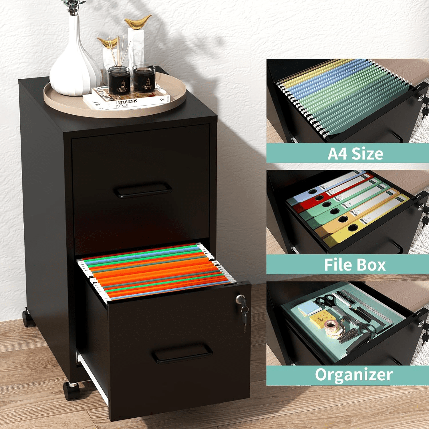 IKIMI 2-Drawer Vertical File Cabinets with Lock, Portable Rolling Metal Filing Cabinet for Legal/Letter/A4 Files, Black