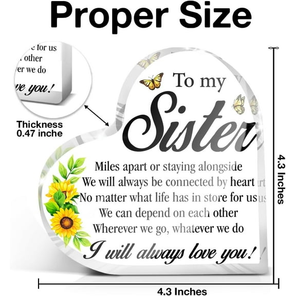 Zomyto 4"x4" Sister Gift, Thank You Gifts for Soul Sister Friends Bestie BFF Sister in Law, Long Distance Sister Gift, Sister Acrylic Heart Sign Keepsake