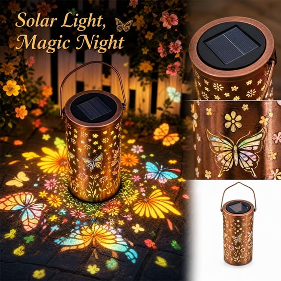 QLUEWX Solar Hanging Lantern with Butterfly Flower Projection, Waterproof Bronze Metal Outdoor Decor Light for Garden Patio Yard