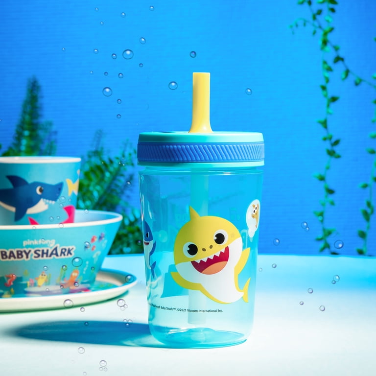 Zak Designs 15oz Baby Shark Travel Straw Tumblers, Silicone