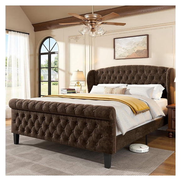 Sleigh Queen Bed Frame with 42" Wingback Headboard, Brown Upholstered Queen Size Bed with Scroll Footboard, Wood Slats No Box Spring Needed